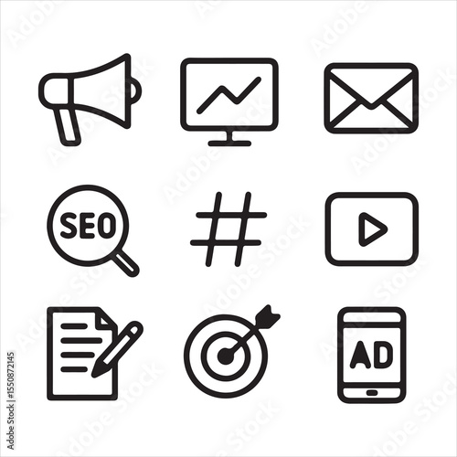 Digital Marketing Icon Set – 9 Black and White Vector Symbols for SEO, Ads & Online Business

