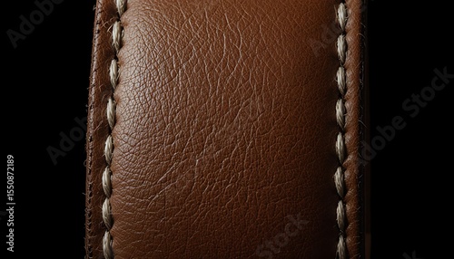 Close up of a brown leather watch strap with detailed stitching