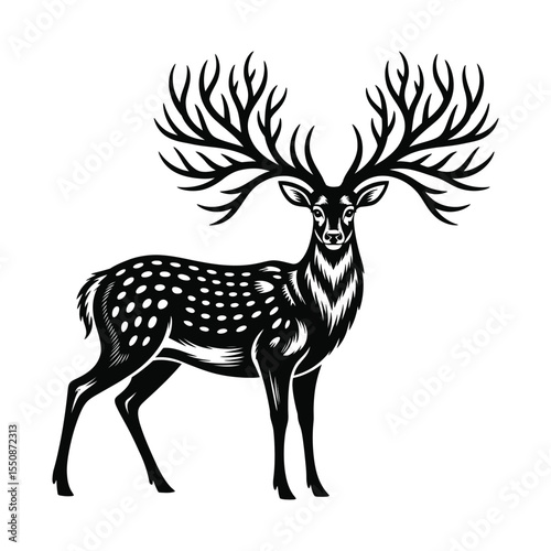 A black and white artistic illustration of a majestic deer with an elaborate antler design