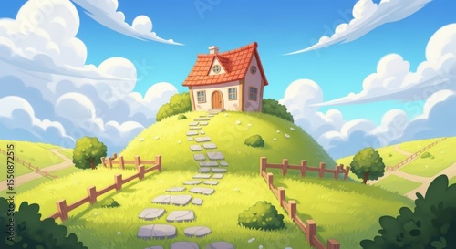 A Charming Cottage Rises Above Rolling Green Hills Under a Bright Blue Sky Filled with Fluffy White Clouds