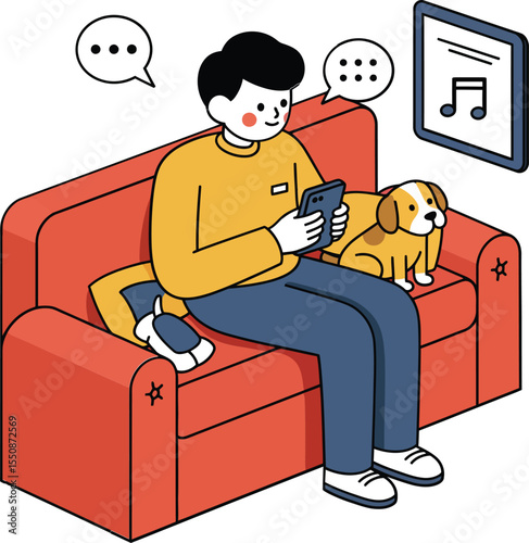 Person sitting on red sofa using smartphone with small dog listening to music on wall frame