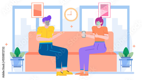 Two people on a couch with face masks use smartphones. Suitable for Covid19, health, social distancing, technology, and lifestyle concepts.