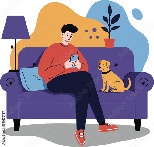 Man sitting on purple sofa using smartphone with small dog nearby and colorful modern interior elements