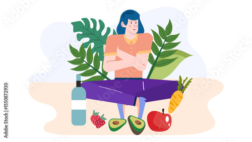 Woman meditating surrounded by fresh produce and green plants; ideal for wellness, mindfulness, healthy living, and vegetarian lifestyle concepts.