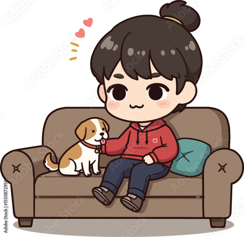 Young person sitting on brown sofa with small dog showing affection in cozy home setting 