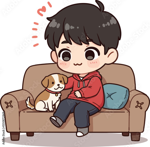 Cute boy in red hoodie sitting on brown sofa with playful small dog in cozy home environment