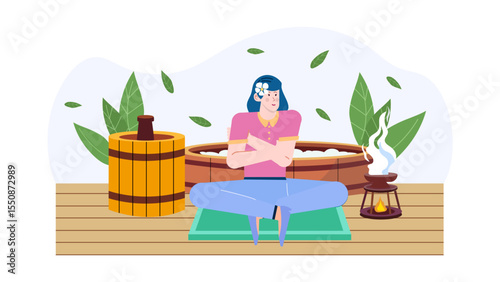 Woman meditates near hot tub and fire. Relaxation, mindfulness, luxury spa, peaceful retreat, mental wellness, lifestyle, stress relief concepts.