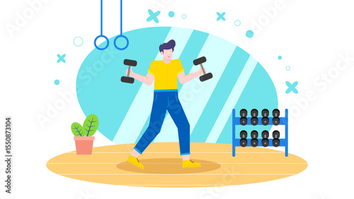 Man lifts dumbbells in a gym workout illustration suitable for fitness magazines, gym advertisements, health blogs, personal trainer websites.