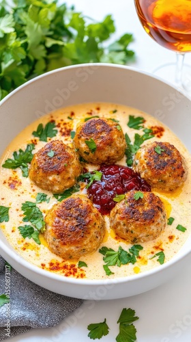Delicious Chicken Meatballs Creamy Sauce Cranberry Garnish Food Photography