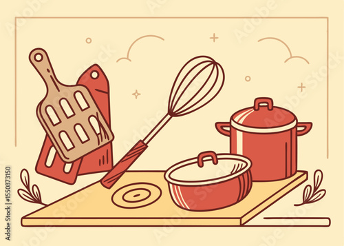 Kitchenware cooking utensils vector illustration food preparation tools equipment culinary design element set