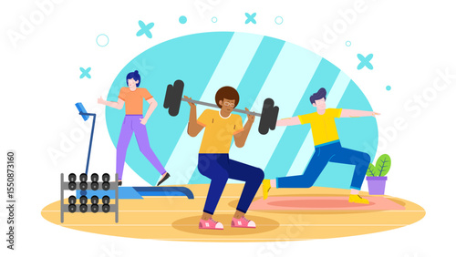 Illustration of people working out in a gym with weights and treadmill. Suitable for fitness blogs, gym advertisements, and health magazines.