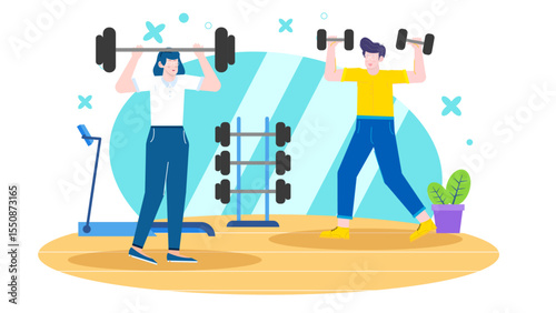 Gym illustration showing two people weightlifting. Perfect for fitness blogs, gym advertisements, workout programs, and sports related designs.