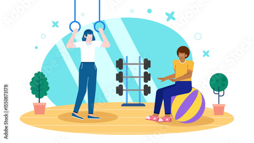 Two people exercise in a gym with gymnastic rings and a ball. Ideal for fitness, gym, workout, exercise, training concepts.