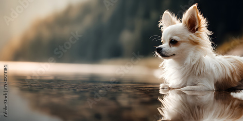 Longhair Chihuahua by the Water: A fluffy longhair Chihuahua lies by a tranquil body of water, its reflection mirroring its serene gaze. The soft light of dawn or dusk bathes the scene in a warm glow.