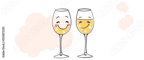 Two giggling wine glasses with wobbly stems & mismatched polka dots, playful sketch,  design,  doodle