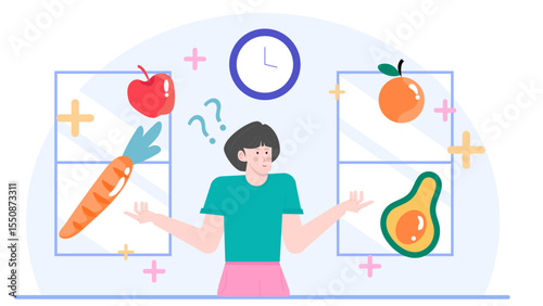 Woman considers various healthy food options apple, carrot, orange, avocado. Ideal for nutrition blogs, diet articles, and healthrelated content.