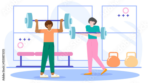 Two people lifting weights in a modern gym, suitable for fitness websites, brochures, social media posts, health magazines.