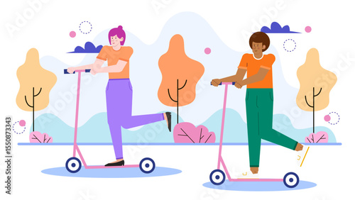 Two people ride pink scooters in a park illustration. Perfect for outdoor, recreational, and leisure themed designs or children's book covers.