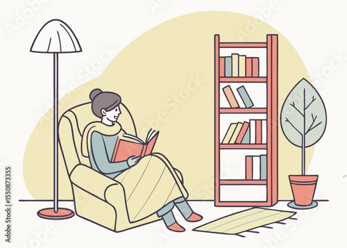 Illustration of woman reading book in armchair next to bookshelf and lamp for relaxation time at home