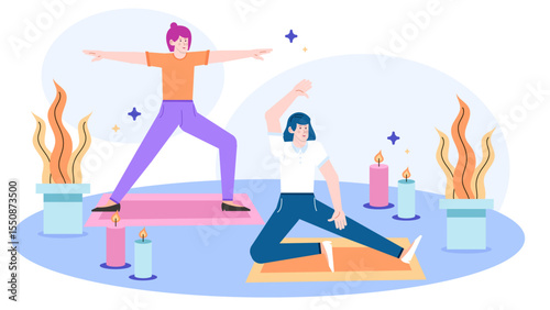 Two women in a yoga session with candles and plants, ideal for wellness, relaxation, mindfulness, selfcare, health related concepts.