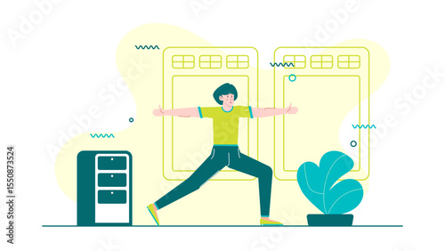 Yoga practitioner exercises near plant and file cabinet, suitable for wellness, office yoga, corporate wellness, balance, mindfulness, and relaxation concepts.