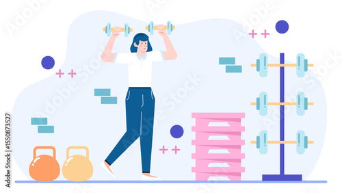 Woman lifts dumbbells near weights and boxes in a gym. Suitable for fitness blogs, gym promotions, wellness websites, health posters.