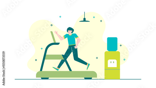 Person running on a treadmill near a water cooler. Perfect for fitness and wellness concepts in gym, workout, or hydration promotion.