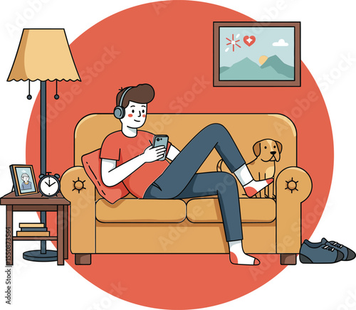 Young man relaxing on sofa with dog pet and smartphone in cozy living room interior design 