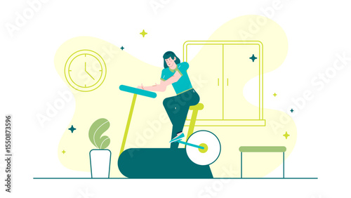 Woman exercises on a stationary bike indoors. Suitable for fitness, workout, home gym, lifestyle, indoor cycling, health, exercise concept.