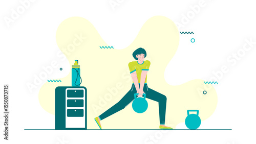 Woman kettlebell training near a water bottle. Perfect for fitness blogs, gym promotions, workout advertisements, health magazines, and personal training materials.