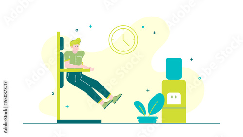 Man relaxes on a chair near a water cooler. Suitable for office, break room, relaxation, work break, hydration, office environment.