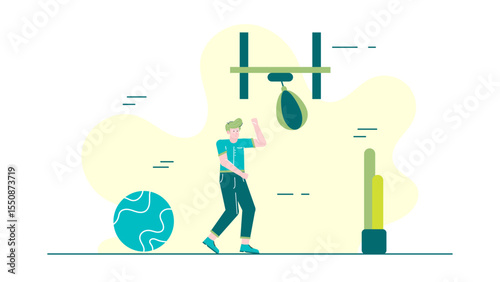 Man training near a punching bag and ball. Suitable for fitness and exercise concepts in sports or workout websites.