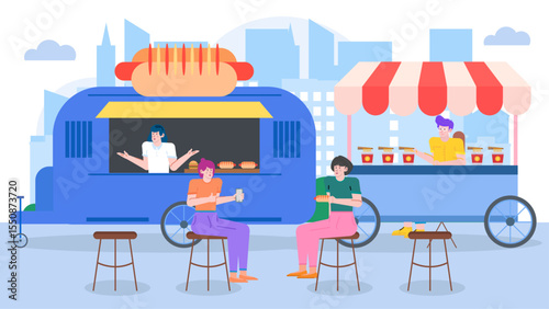 Food trucks offering hot dogs and noodles to urban customers. Suitable for restaurant promotions, food industry publications, and city event advertisements.