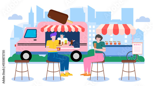 Two friends eating from a pink food truck in the city. Suitable for food truck promotions or city food festival ads.