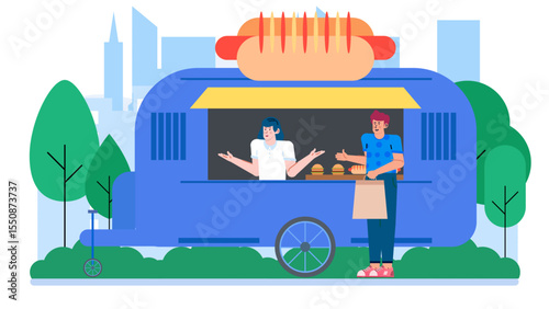 Blue food truck with hot dogs and burgers suitable for food themed designs, restaurant promotions, street food advertisements, and food truck concepts.