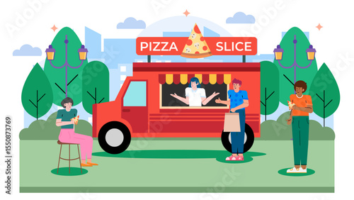 Pizza food truck in a park, ideal for food truck advertising, outdoor dining promotions, and park event graphics. Vibrant and inviting.