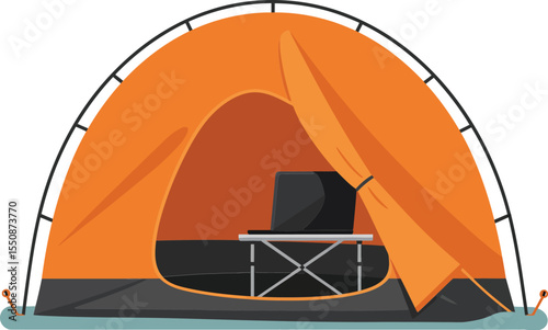 Orange camping tent with open flap and camping stove inside in outdoor leisure setting
