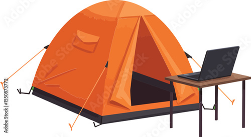 Orange camping tent with laptop on wooden table for outdoor remote work and digital nomad lifestyle 