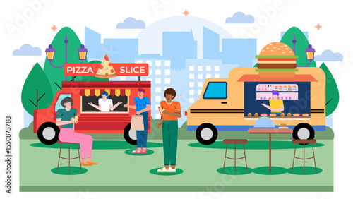 People dining at food trucks at a city park, enjoying a variety of delicious street food amid a lively atmosphere. Suitable for restaurant promotions, urban events, and social media posts.