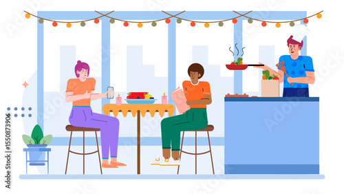 Three friends having a meal, reading a book in a cheerful home. Suitable for promoting leisure, friendship, and cozy living scenes.