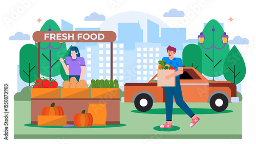 Man shops at roadside stand for fresh city produce. Ideal for urban agriculture, farmers market, healthy eating concepts in cities.