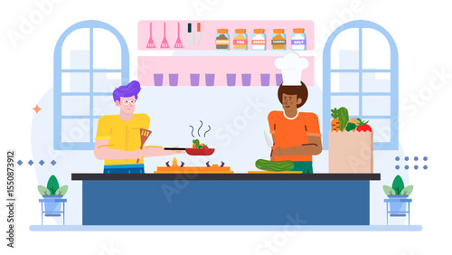 Two chefs cooking vegetables in vibrant kitchen scene. Suitable for food blogs, culinary magazines, restaurant menus, and healthy lifestyle websites.