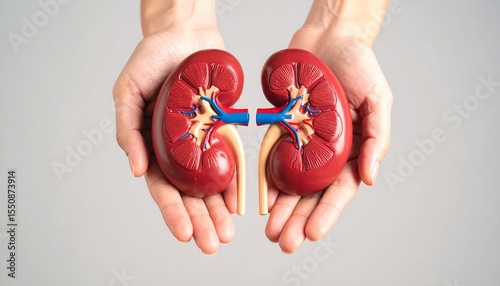 Close-up of hands holding a detailed anatomical model of a human kidney
