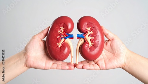 Human hands holding a model of the kidneys against a plain gray background