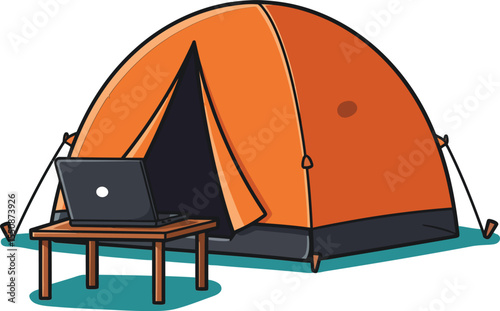 Orange camping tent with laptop on wooden table outdoors for remote work and leisure activities 