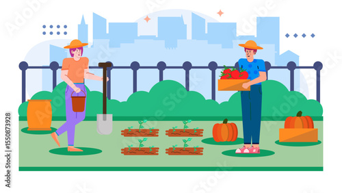 Two people gardening in the city, harvesting pumpkins and tomatoes. Suitable for urban agriculture, sustainable living, community gardening concepts.