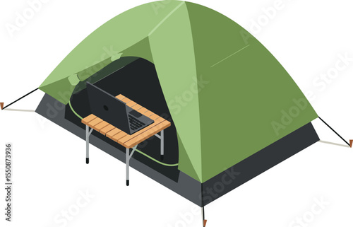 Green camping tent with wooden table outdoor equipment for leisure and adventure activities in nature environment 