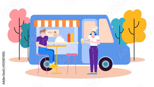 Food truck serving customer outdoors by colorful trees, ideal for promotional materials, social media posts, and food industry designs.