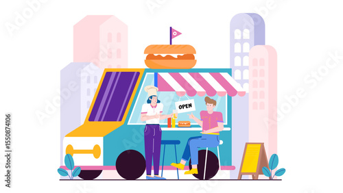 Hot dog food truck serves a customer in a city setting. Perfect for food service, urban lifestyle, mobile catering concepts.