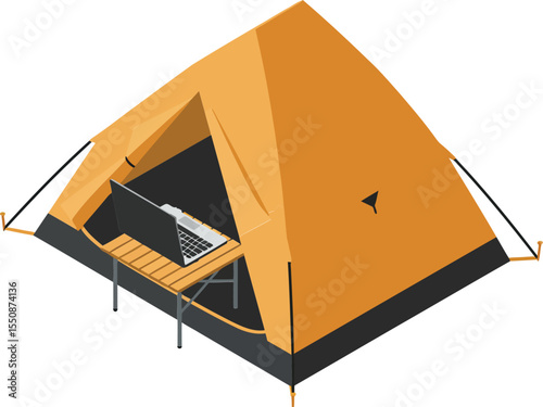 Orange and black camping tent with laptop on wooden table outdoor gear equipment for leisure and adventure activities 